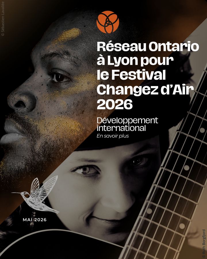 Montage de deux photos d’artistes. À gauche, un homme blanc en t-shirt blanc et casquette noire regarde la caméra. En bas, un couple (femme et homme) se regarde côte à côte. Texte en blanc : « Réseau Ontario à Lyon pour le Festival Changez d’Air 2025